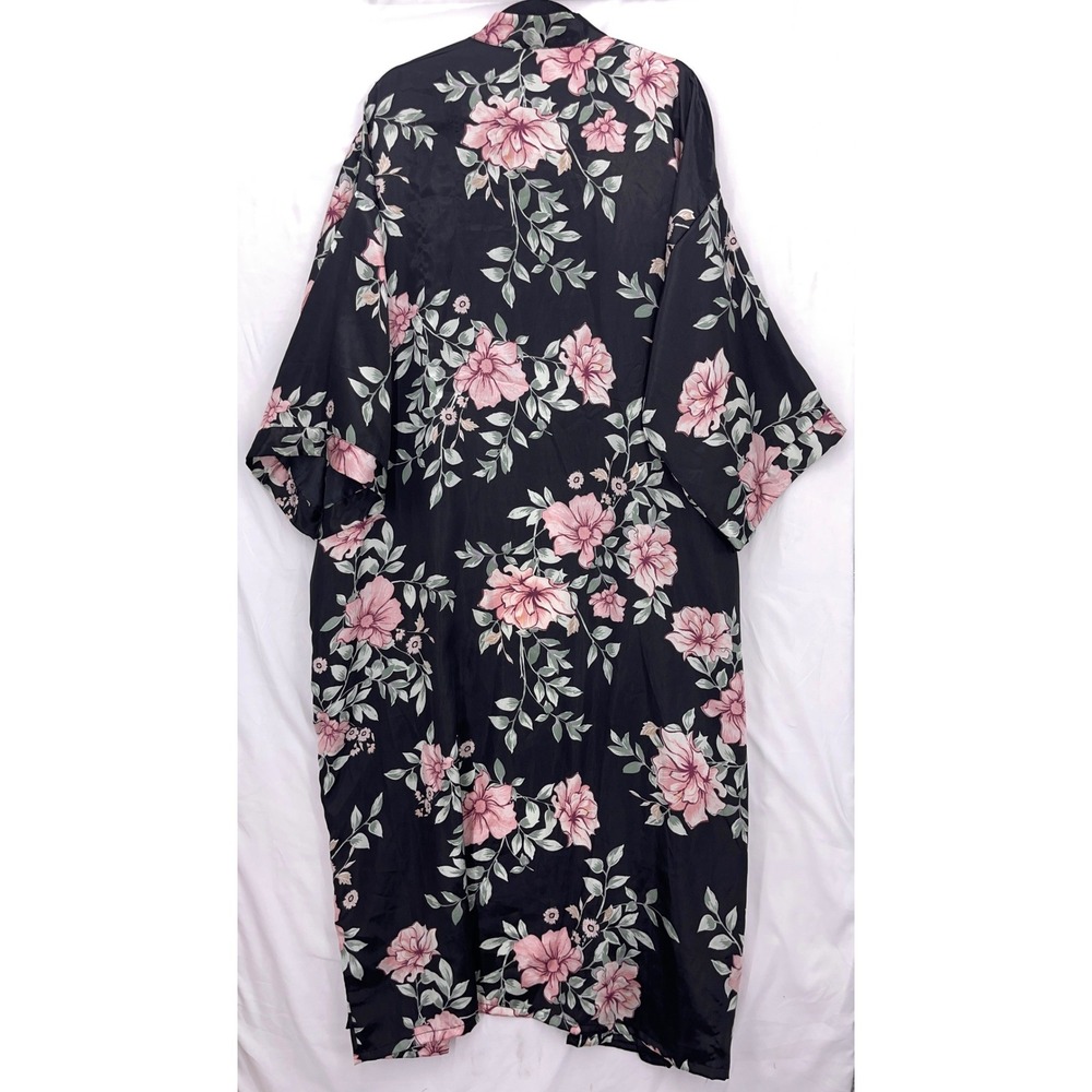 Black Pink Floral Kimono Robe 2XL/3XL Pockets Satin Loungewear - Picture 2 of 11